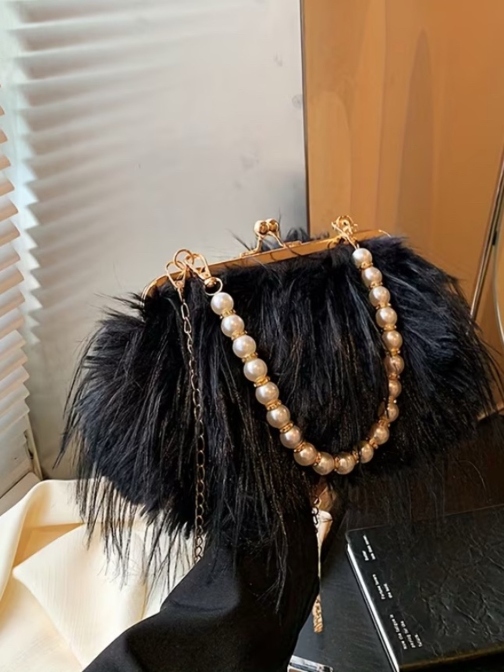 Black Faux Fur Pearl-Handle Evening Bag